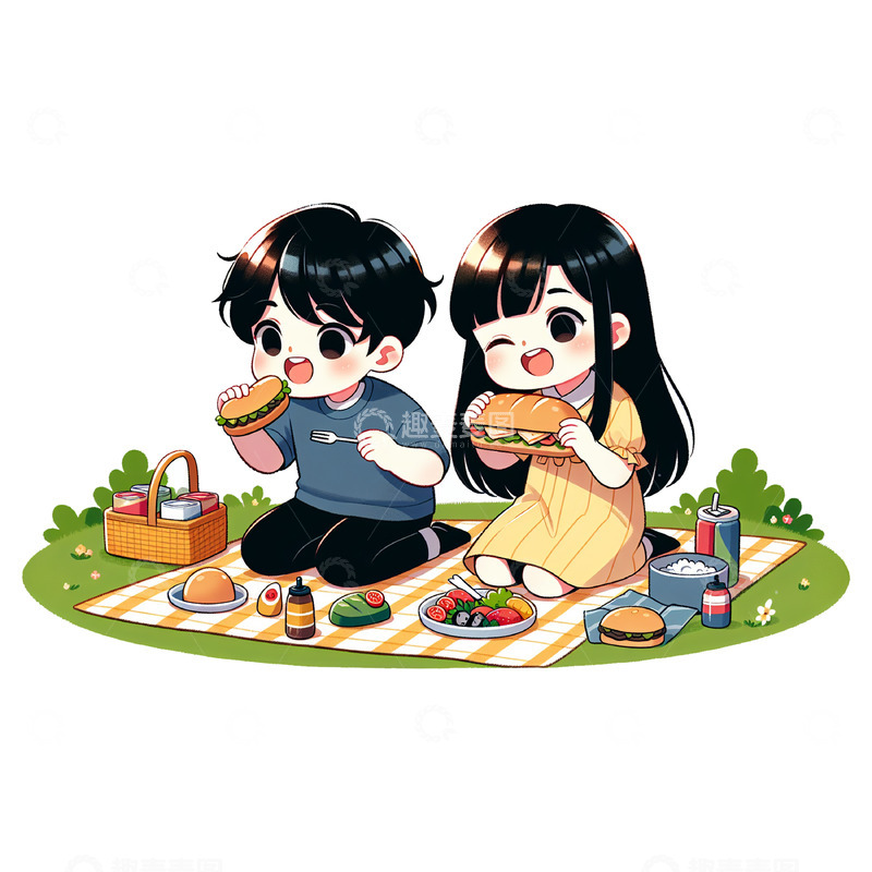 高清大图下载【趣麦麦图】卡通人物在户外野餐素材
