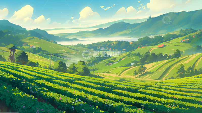 高清大图下载【趣麦麦图】卡通茶叶茶园背景