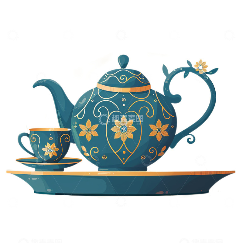 高清大图下载【趣麦麦图】绿色金色花纹茶壶插画