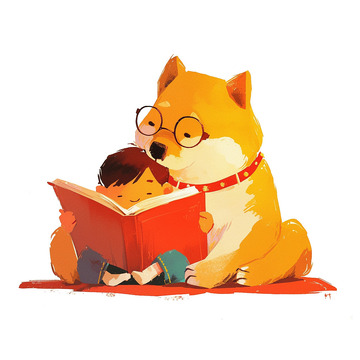 柴犬抱着小孩阅读世界读书日