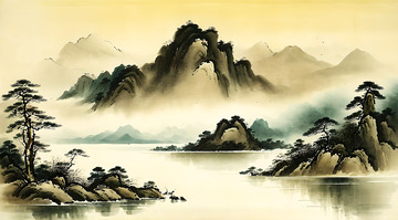 古风湖边山景