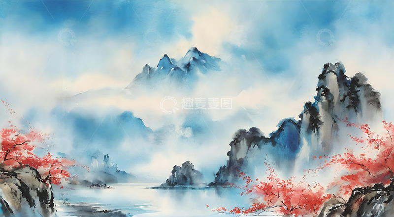 高清大图下载【趣麦麦图】-国画山水湖边风景背景图