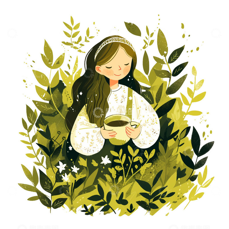 高清大图下载【趣麦麦图】喝茶的女孩插画