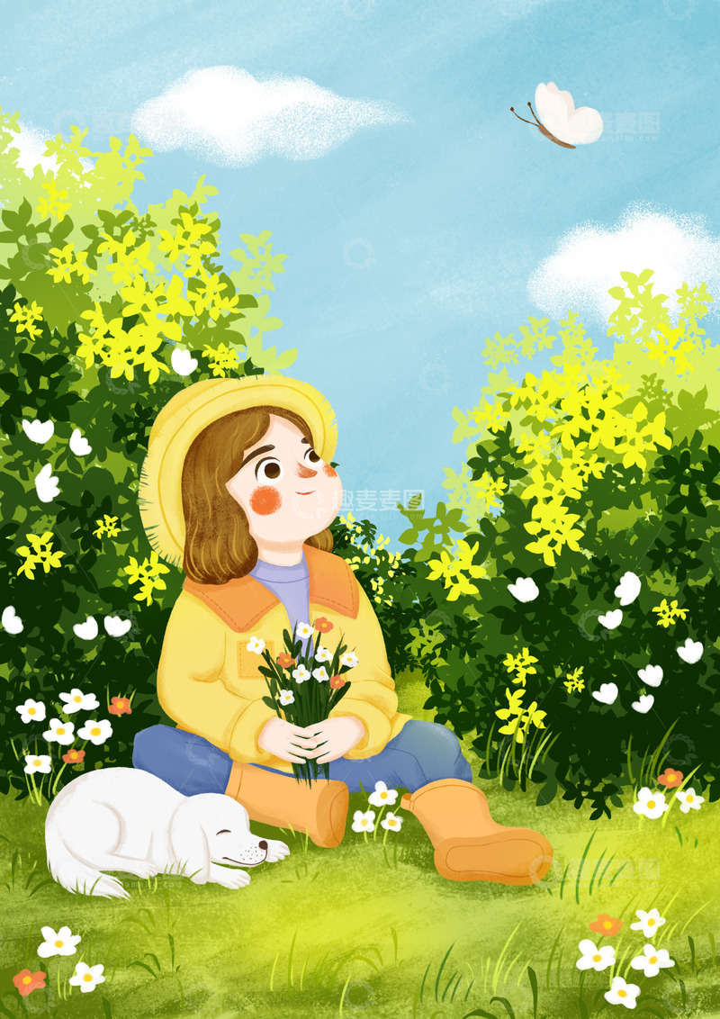 源文件下载【趣麦麦图】春天男孩小狗坐草地绿色植物场景插画