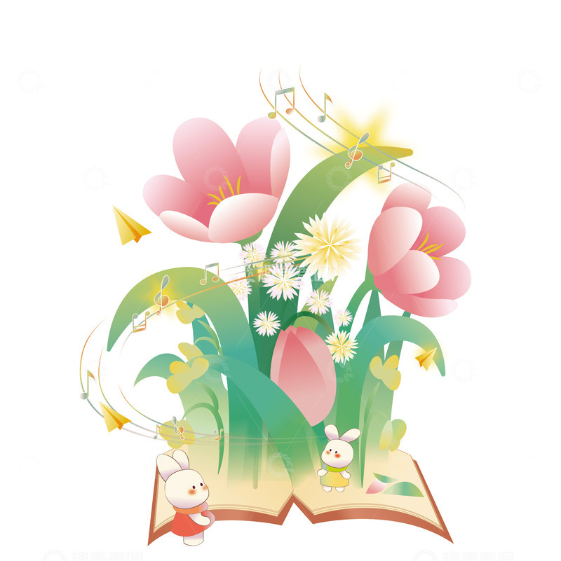 源文件下载【趣麦麦图】鲜花绿植兔子书本音符纸飞机花束粉色花朵
