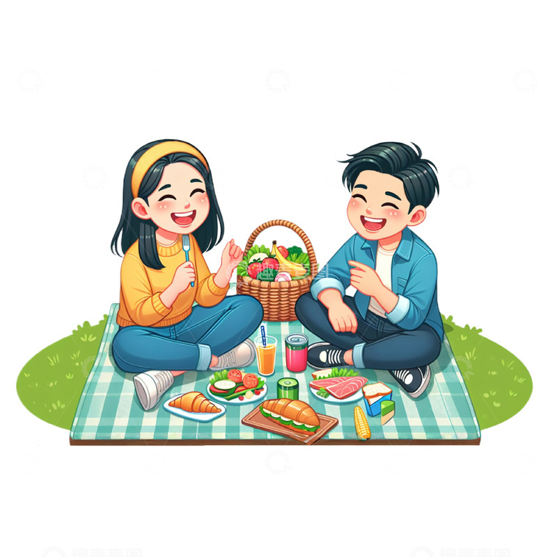 郊外野餐卡通人物素材