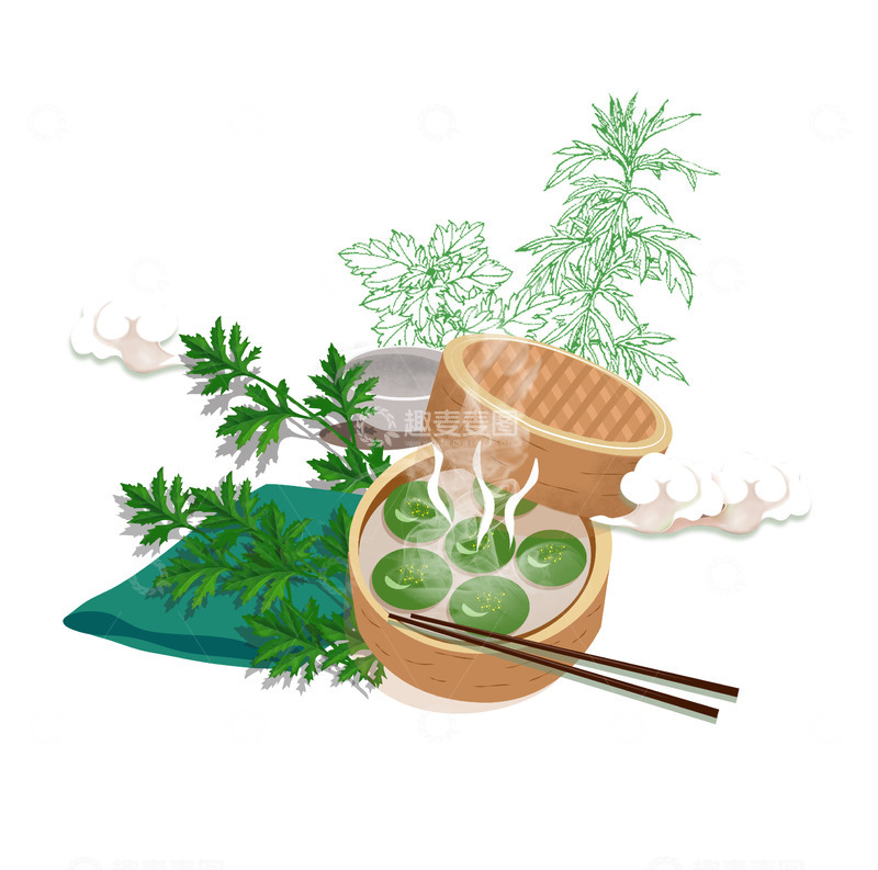 源文件下载【趣麦麦图】清明节青团蒸笼艾叶节气