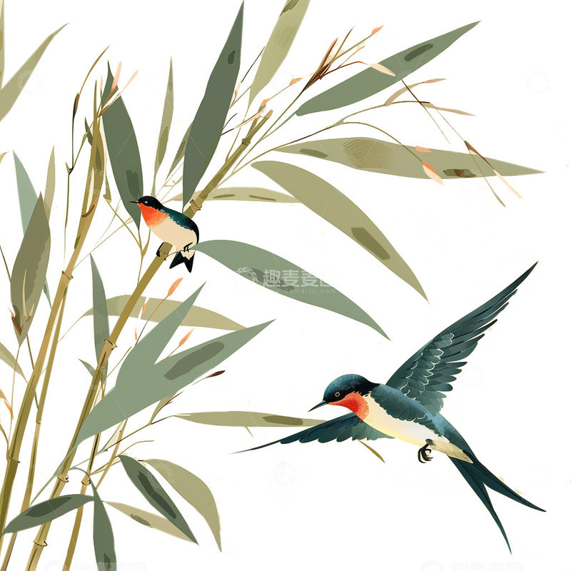 高清大图下载【趣麦麦图】春天竹叶燕子