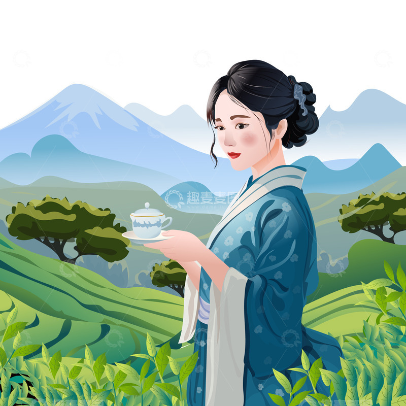 源文件下载【趣麦麦图】浅蓝色卡通风格创意采茶美女茶园