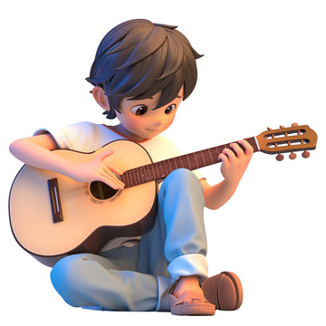 男孩子在练习弹吉他