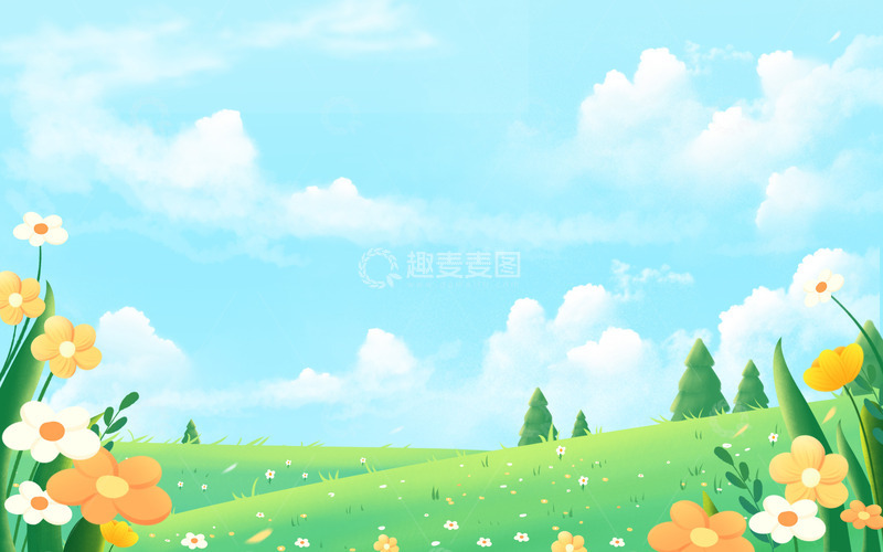 春天花草蓝天小清新简约春游背景