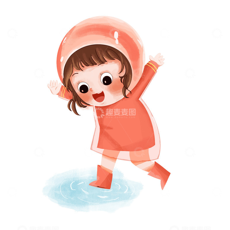 源文件下载【趣麦麦图】玩水小孩穿雨衣雨天水坑下雨谷雨