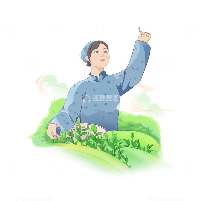 源文件下载【趣麦麦图】春季简约手绘茶山采茶女