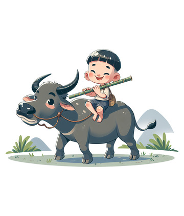牧童吹竹笛卡通风格素材