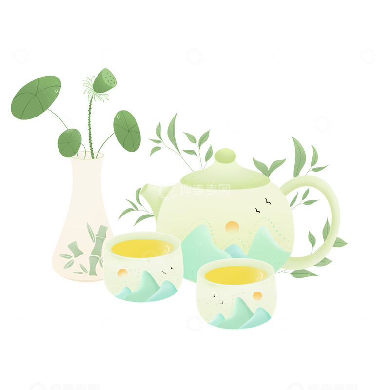 源文件下载【趣麦麦图】国潮风茶杯茶具插画