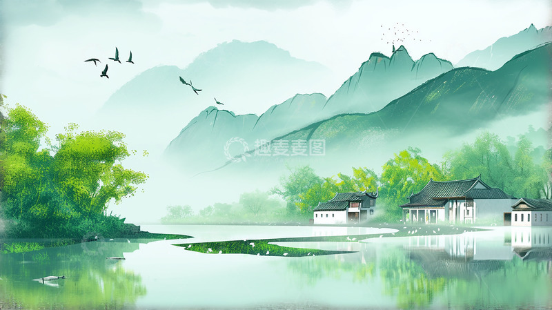 高清大图下载【趣麦麦图】春天背景国风水彩风格
