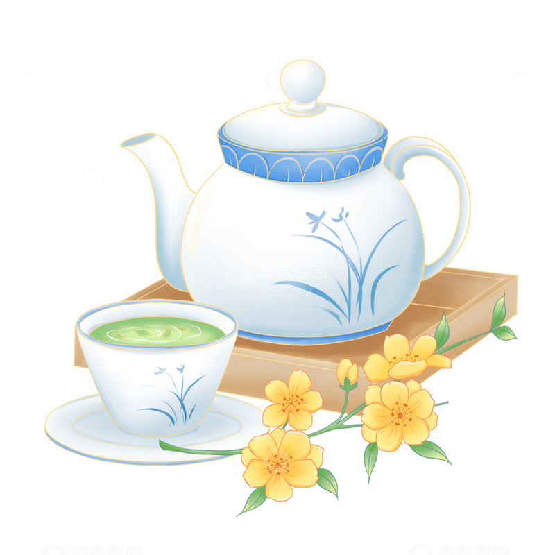 源文件下载【趣麦麦图】白色陶瓷茶具茶杯品茶插画元素