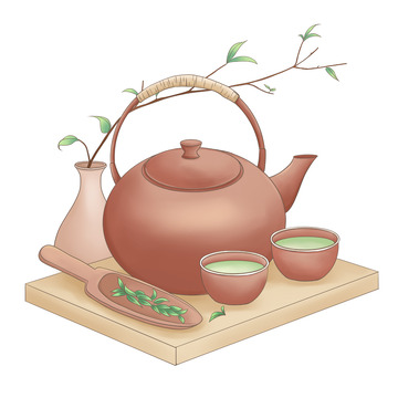 古典中式茶具盆栽茶文化品茶插画