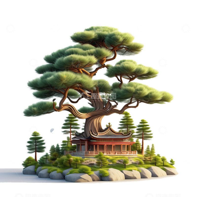 源文件下载【趣麦麦图】3D立体松树中国风亭子