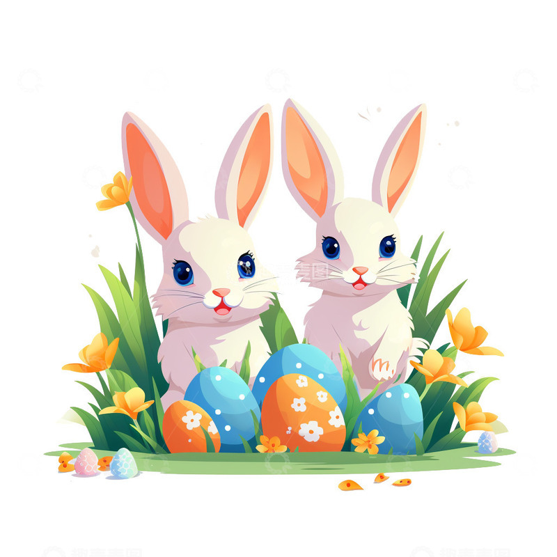 高清大图下载【趣麦麦图】复活节兔子和彩蛋卡通插画