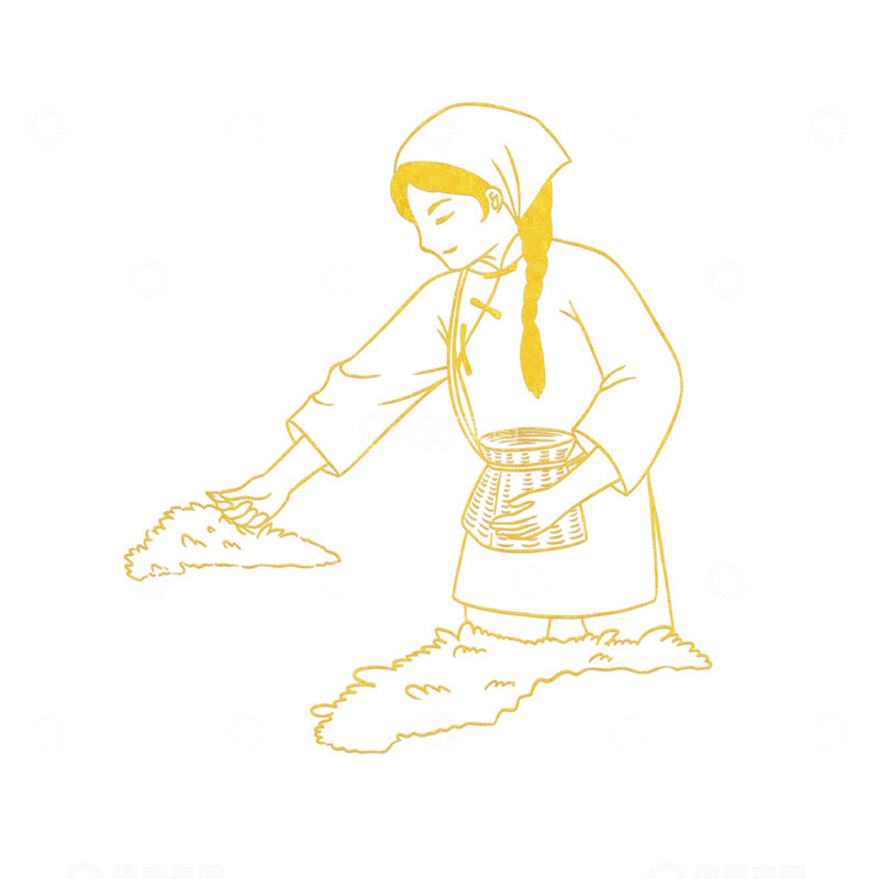源文件下载【趣麦麦图】采茶女金箔勾线元素