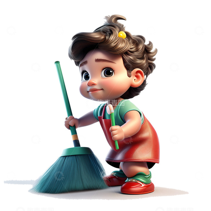 源文件下载【趣麦麦图】3D立体男孩扫地插画