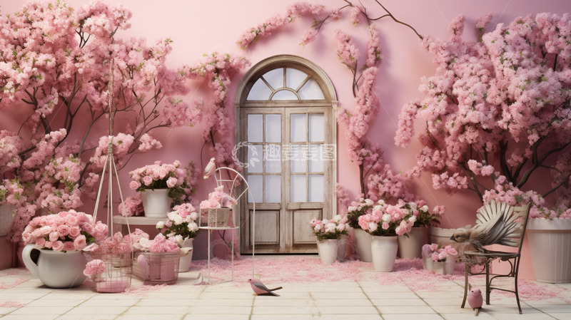 高清大图下载【趣麦麦图】春天桃花展板粉色小鸟