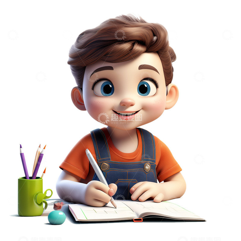 源文件下载【趣麦麦图】3D立体男孩写作业插画3