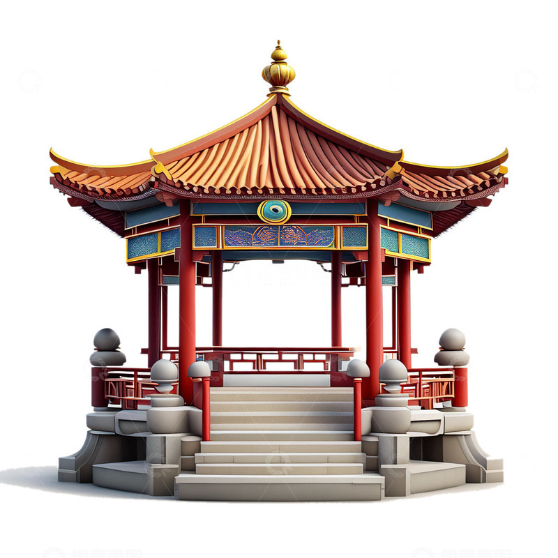 源文件下载【趣麦麦图】3D立体亭子中国风插画2