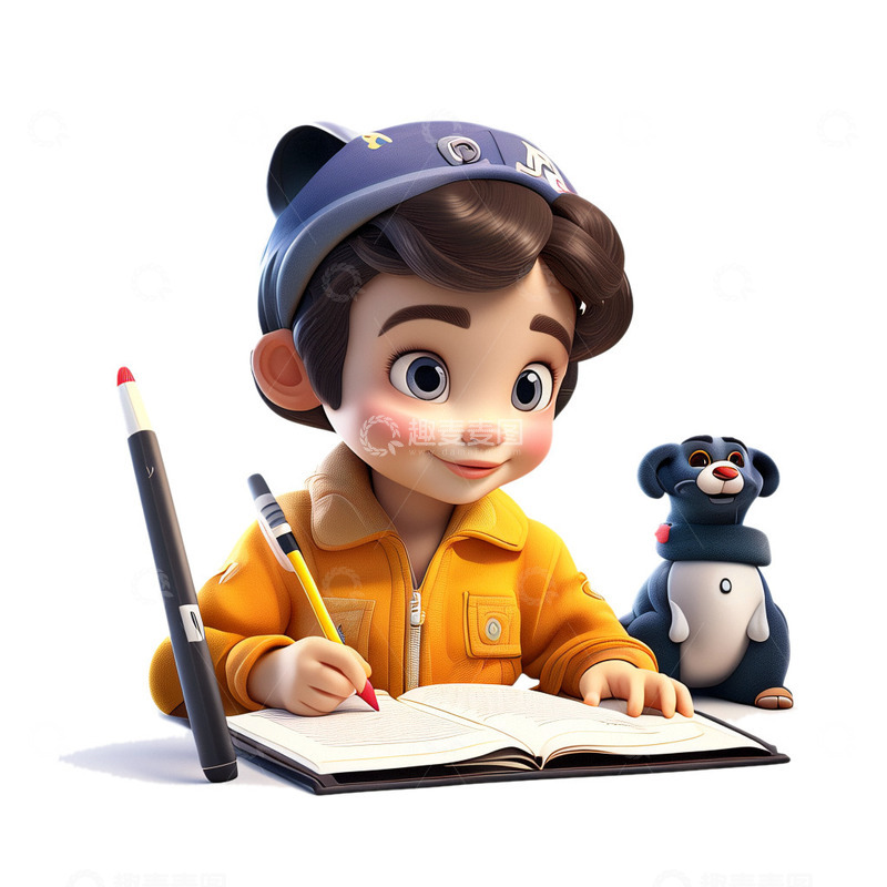 源文件下载【趣麦麦图】3D立体男孩写作业插画5