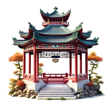 3D立体亭子中国风插画