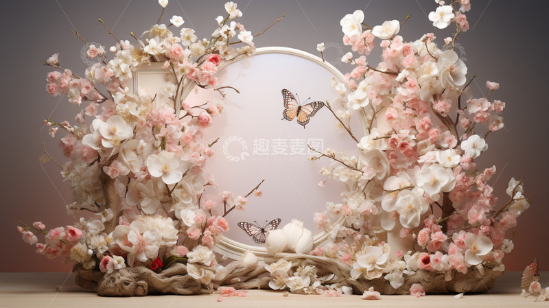 高清大图下载【趣麦麦图】春天桃花展板白粉色蝴蝶