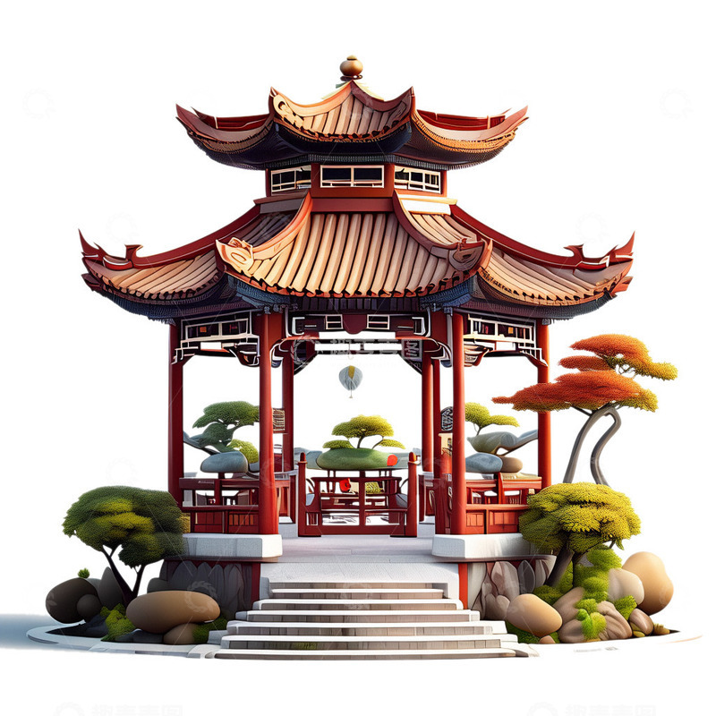 源文件下载【趣麦麦图】3D立体亭子中国风插画3
