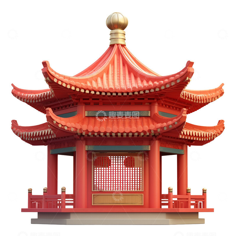 高清大图下载【趣麦麦图】红色华丽中式园林亭子