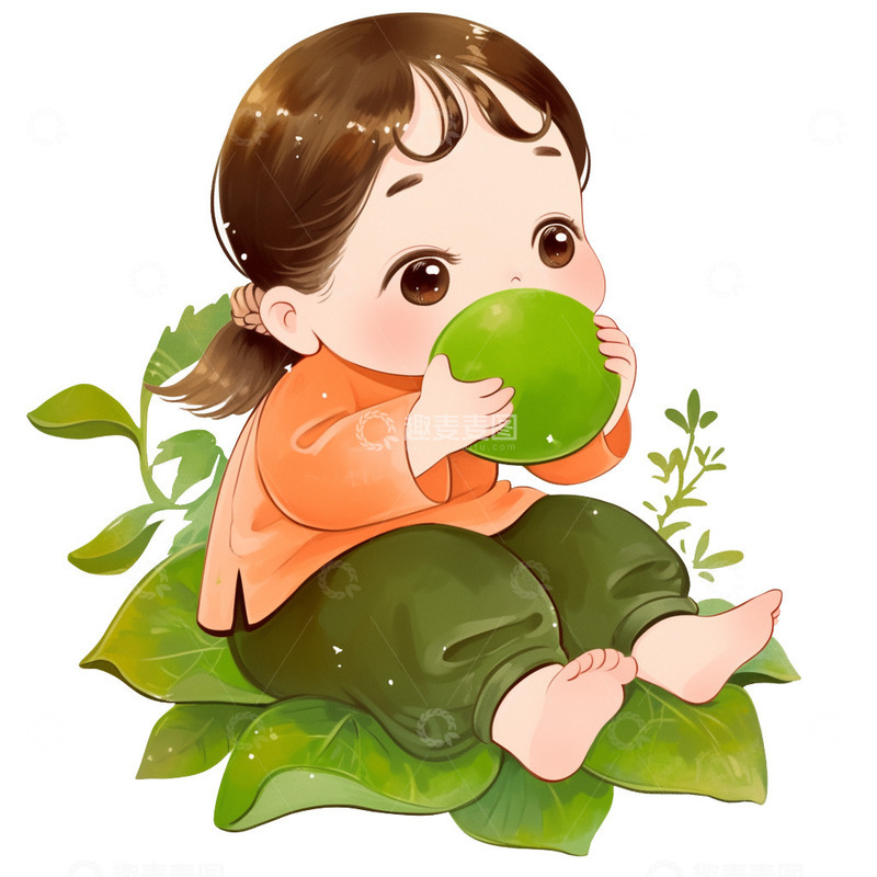 高清大图下载【趣麦麦图】吃青团的小女孩插画素材