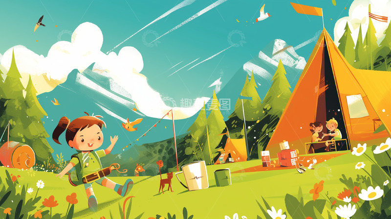 高清大图下载【趣麦麦图】露营旅游手绘插画