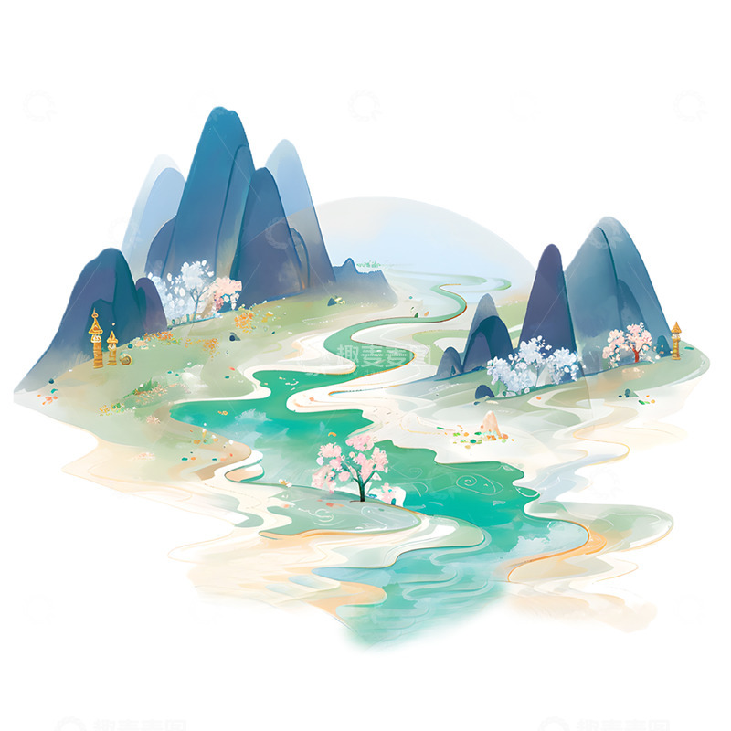 高清大图下载【趣麦麦图】国潮山水插画元素