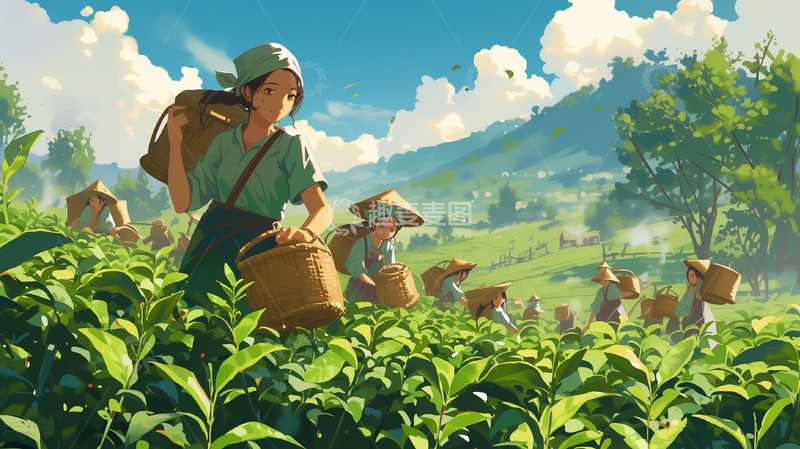 高清大图下载【趣麦麦图】卡通手绘茶园背景