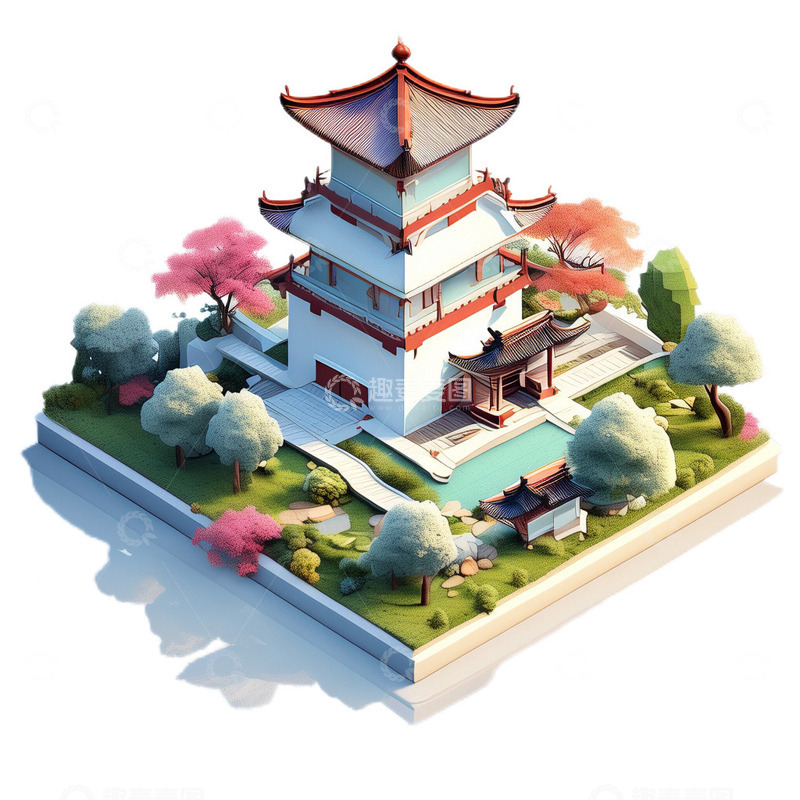 高清大图下载【趣麦麦图】中国风建筑3D桃花