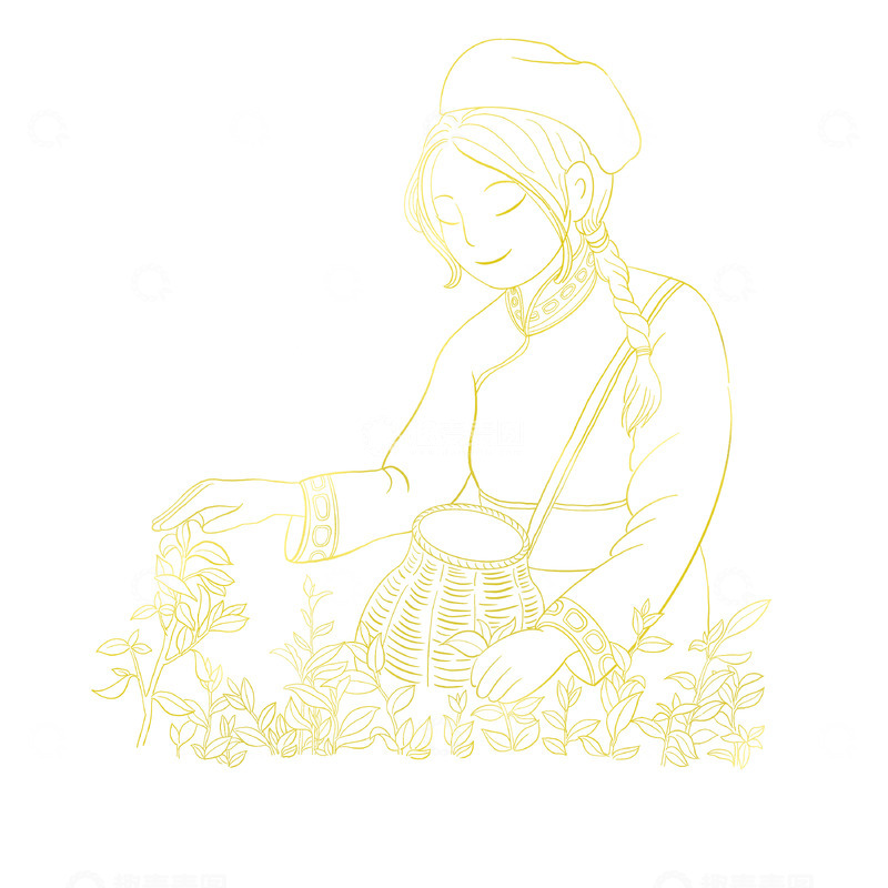 源文件下载【趣麦麦图】春天采茶女孩线条描金茶树