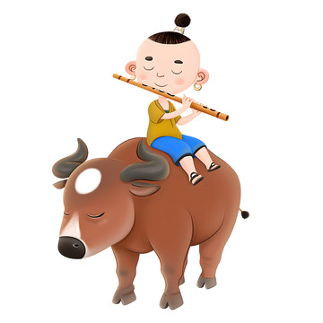 牧童在牛背上吹笛子素材