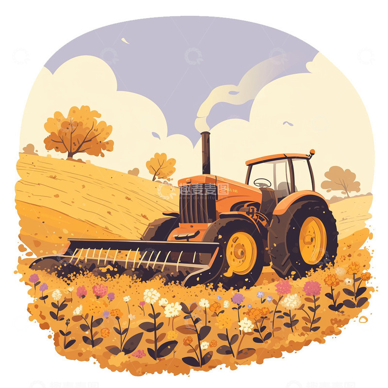 高清大图下载【趣麦麦图】收割机秋日收割插画