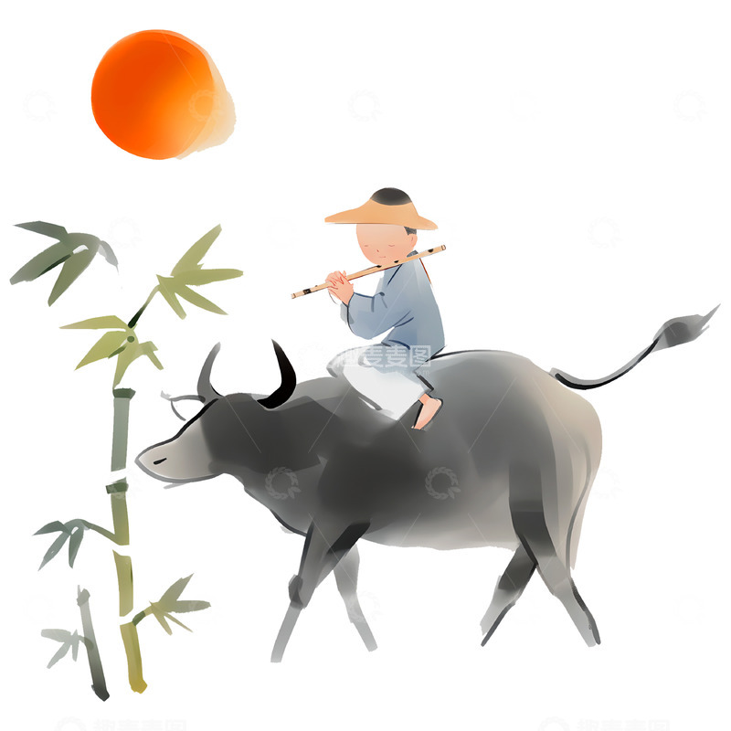 高清大图下载【趣麦麦图】水墨风牧童竹笛素材