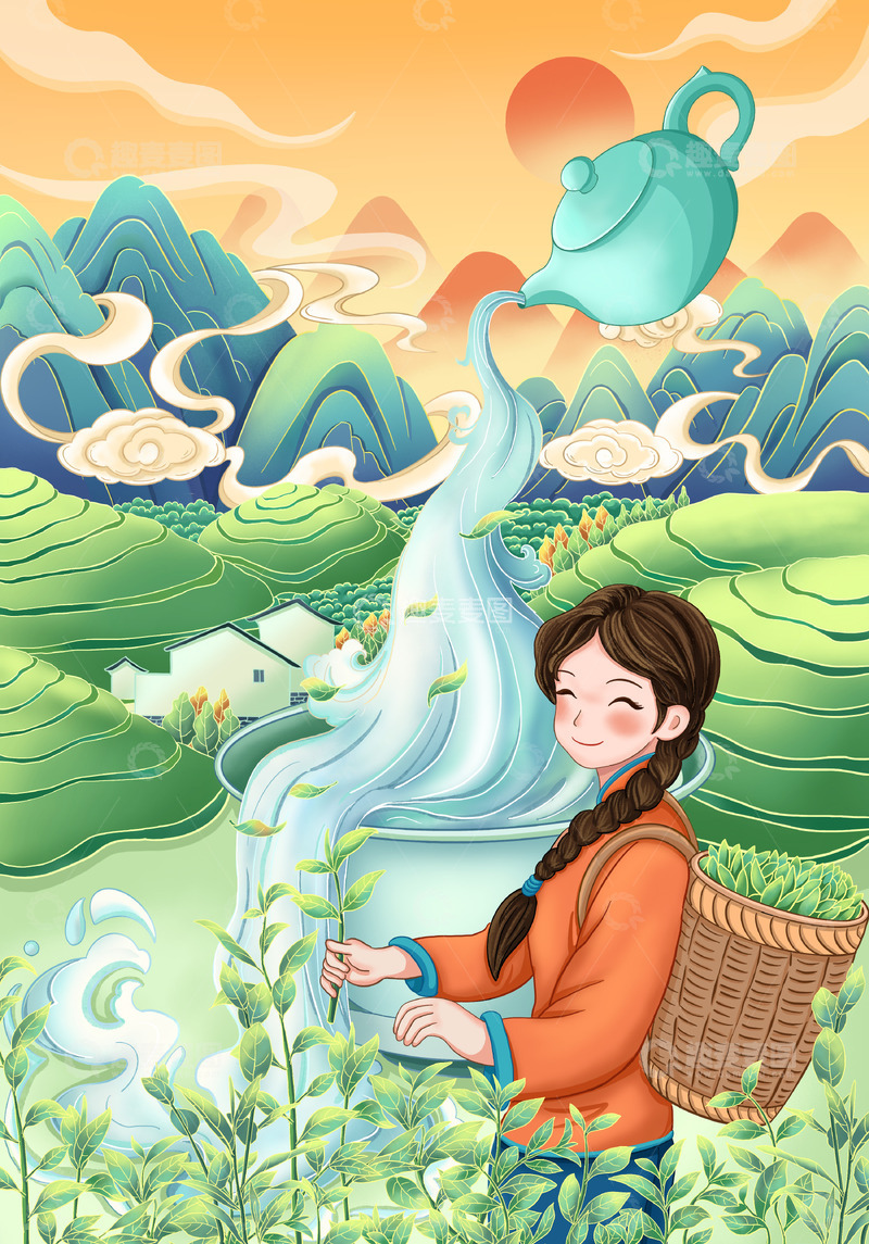春日采茶女孩国潮茶山茶壶青山