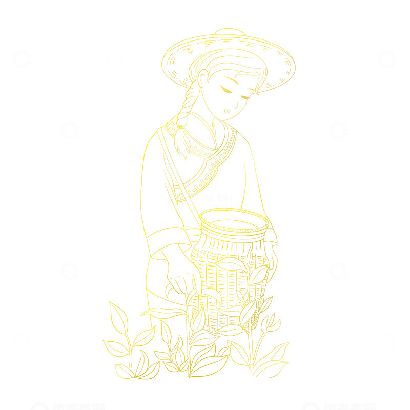 源文件下载【趣麦麦图】春季采茶女孩烫金描边插画