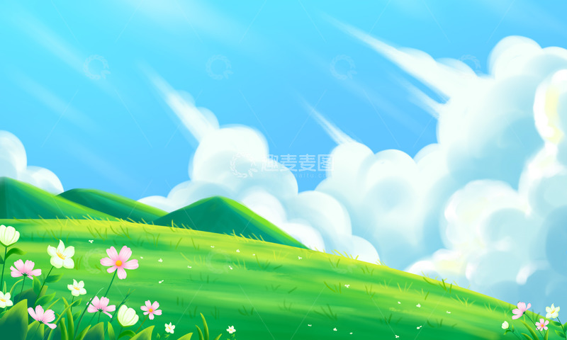 源文件下载【趣麦麦图】手绘梦幻天空云朵绿色小清新春天海报背景
