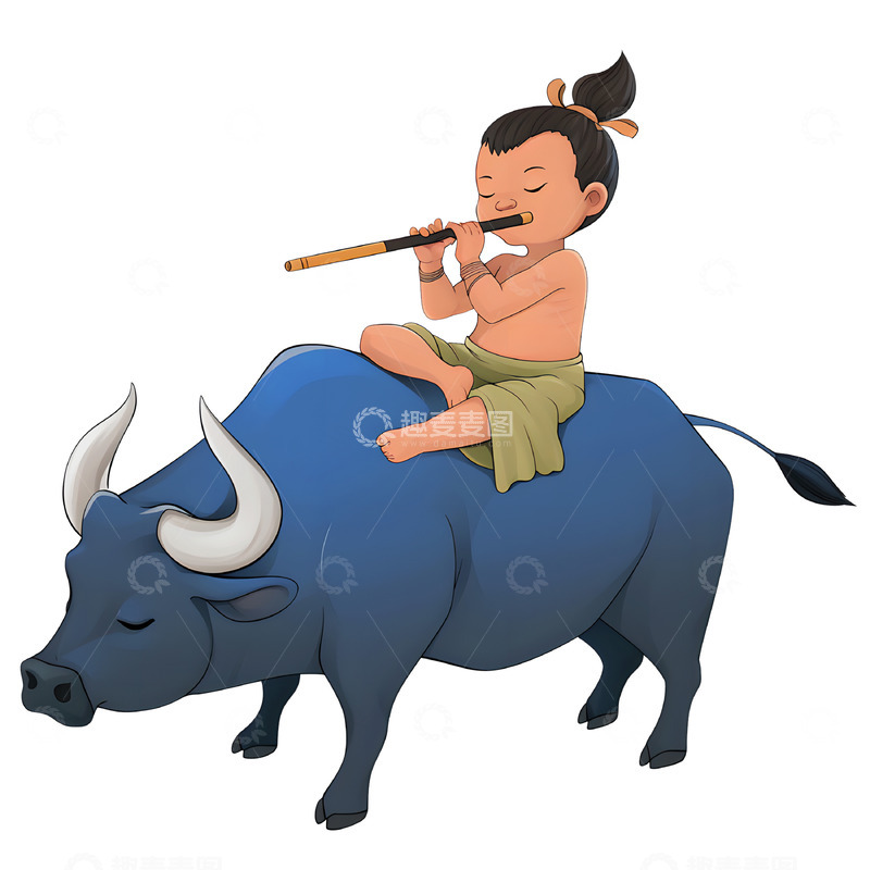高清大图下载【趣麦麦图】牧童吹笛卡通手绘风格