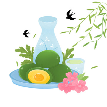 青团九倍艾草柳树燕子插画素材