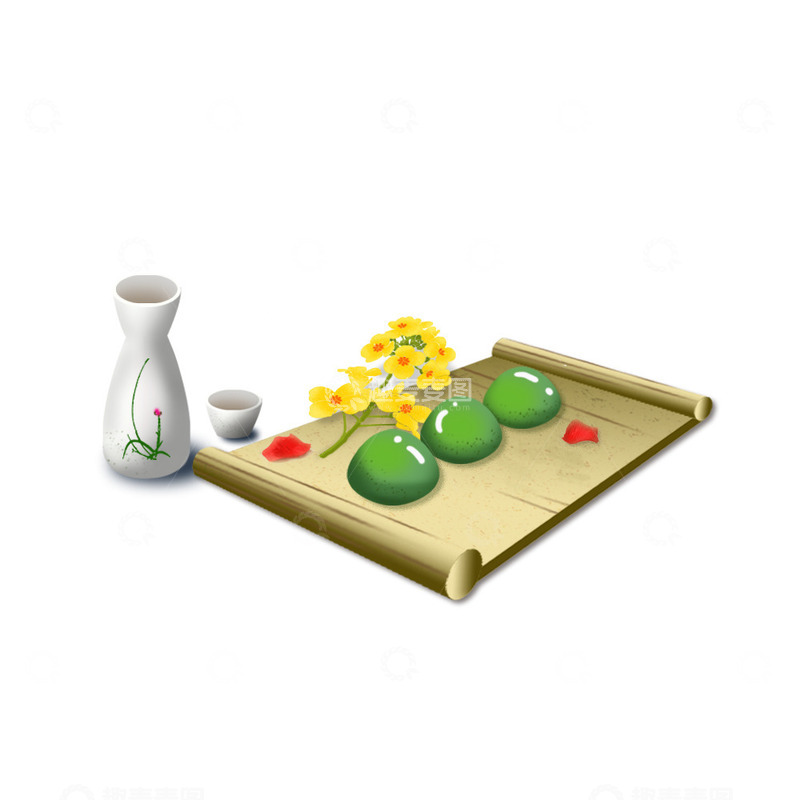 源文件下载【趣麦麦图】青团清明节清酒油菜花酒壶酒杯