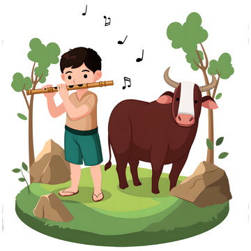 吹奏竹笛的牧童清明元素
